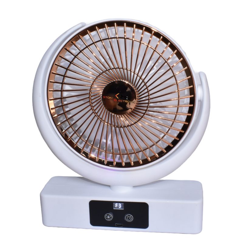 Ventilator Portabil pentru Birou Stone®, 5 Trepte de Viteza, Incarcare USB, Indicator baterie, Silentios, Unghi de Inclinare la 360°, Lumini RGB, Autonomie pana la 6 ore Putere 4.5W Alb/Auriu