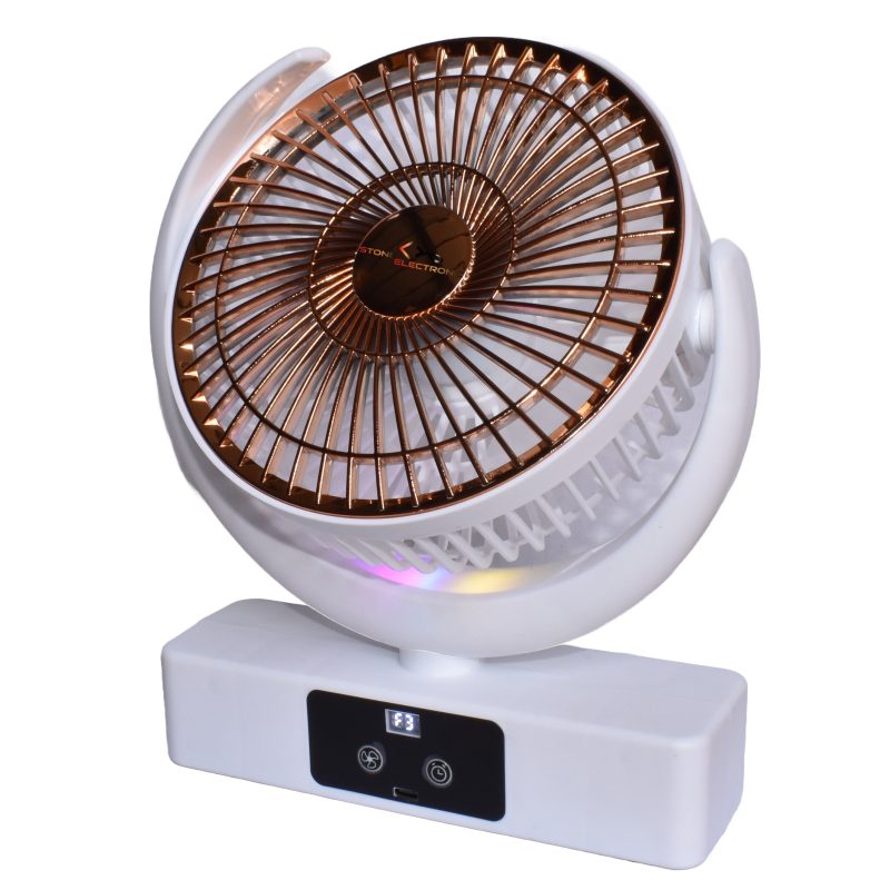 Ventilator Portabil pentru Birou Stone®, 5 Trepte de Viteza, Incarcare USB, Indicator baterie, Silentios, Unghi de Inclinare la 360°, Lumini RGB, Autonomie pana la 6 ore Putere 4.5W Alb/Auriu - imagine 2
